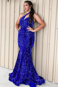 One Shoulder Royal Blue Sparkly Mermaid Sequins Long Formal Dress