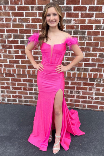 Off The Shoulder Hot Pink Mermaid Long Formal Dress with Feathers