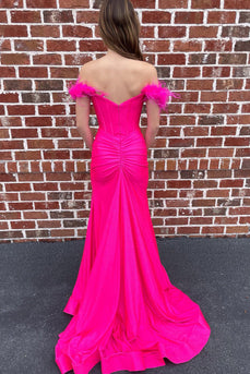 Off The Shoulder Hot Pink Mermaid Long Formal Dress with Feathers