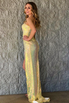 Sparkly Yellow Sequins Mermaid Long Formal Dress with Appliques