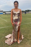 Load image into Gallery viewer, Sparkly Golden Sequins Mermaid Long Formal Dress with Fringes