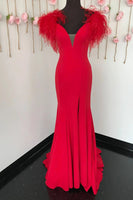 Load image into Gallery viewer, Red Mermaid Long Formal Dress with Feathers