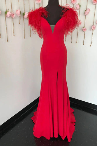 Red Mermaid Long Formal Dress with Feathers
