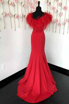 Red Mermaid Long Formal Dress with Feathers