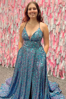 Load image into Gallery viewer, Sparkly Blue A-Line Sequins Long Formal Dress with Pockets