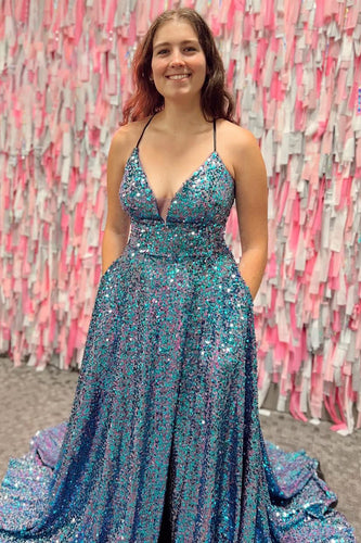 Sparkly Blue A-Line Sequins Long Formal Dress with Pockets
