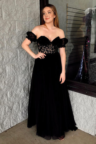 Black Corset A-Line Lace Long Formal Dress
