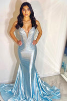 Load image into Gallery viewer, Sparkly Sky Blue Beaded Mermaid Long Formal Dress