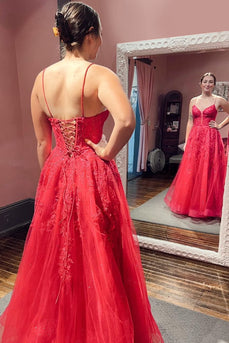 Red A-Line Corset Lace Long Formal Dress