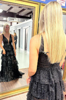 Load image into Gallery viewer, Sparkly Black Tiered Long Formal Dress with Slit