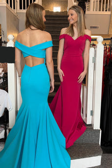 Simple Blue Mermaid Off the Shoulder Open Back Long Formal Dress