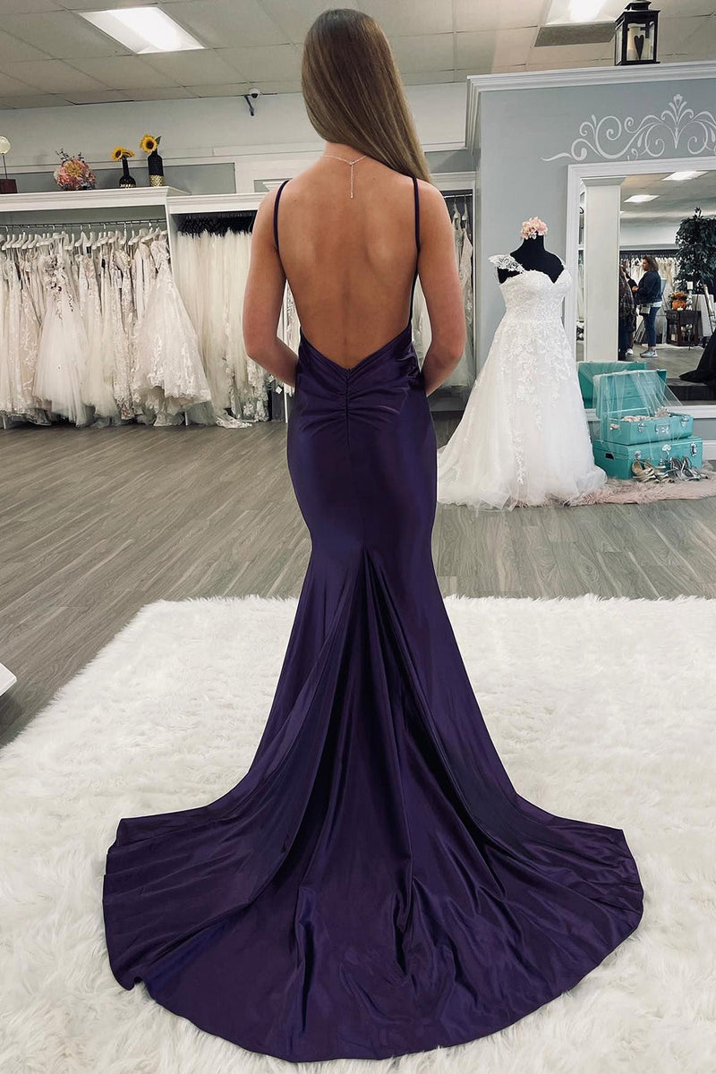 Load image into Gallery viewer, Simple Mermaid Dark Purple Spaghetti Straps Backless Long Formal Dress