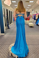 Load image into Gallery viewer, Glitter Blue Sheath Corset Long Formal Dress with Slit
