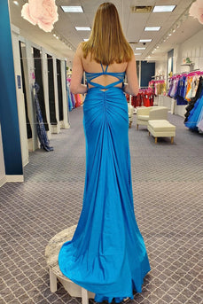 Glitter Blue Sheath Corset Long Formal Dress with Slit