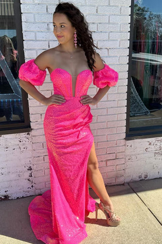 Sparkly Hot Pink Mermaid Sequins Long Formal Dress with Detachable Sleeves