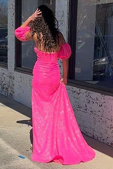 Sparkly Hot Pink Mermaid Sequins Long Formal Dress with Detachable Sleeves