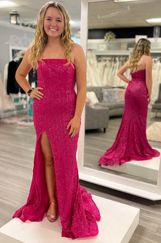 Sparkly Hot Pink Sheath Sequins Long Formal Dress with Slit