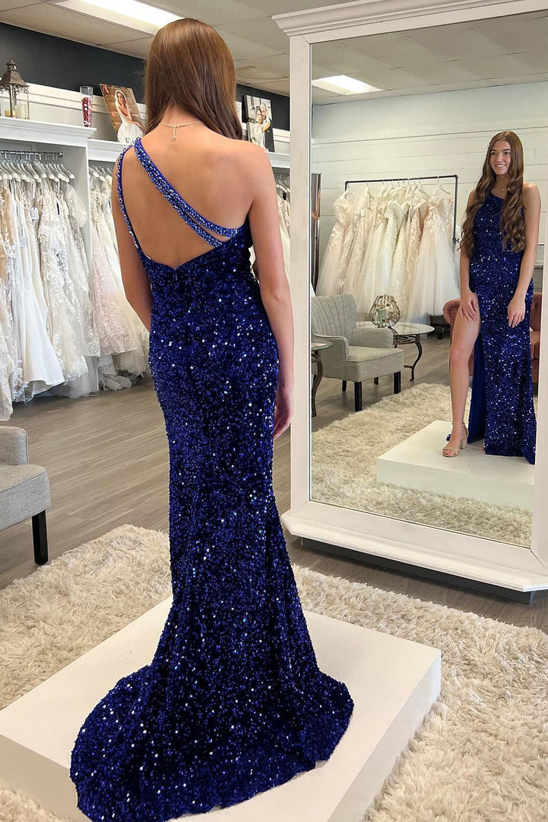 Sparkly Blue Sequins One Shoulder Long Ball Dress with Slit main image 1