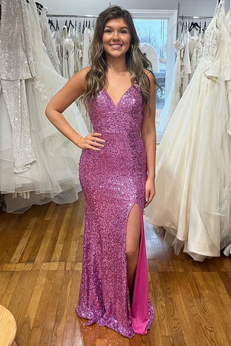 Sparkly Purple Mermaid Sequins Long Formal Dress with Slit