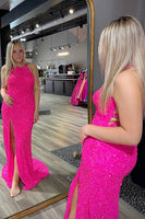 Load image into Gallery viewer, Sparkly Hot Pink Mermaid Sequins Halter Long Formal Dress with Slit
