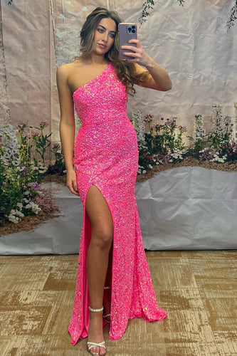 Sparkly Hot Pink Mermaid Sequins One Shoulder Long Formal Dress with Slit