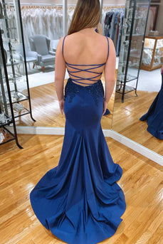 Sparkly Navy Mermaid Long Formal Dress with Appliques