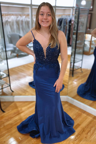Sparkly Navy Mermaid Long Formal Dress with Appliques