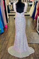 Load image into Gallery viewer, Sparkly White Mermaid Sequins Long Formal Dress with Feathers