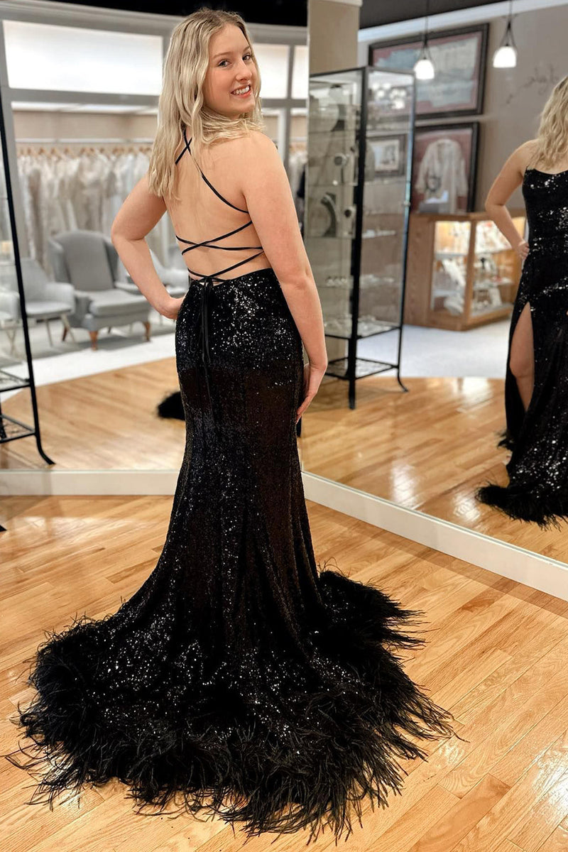 Load image into Gallery viewer, Sparkly Black Mermaid Sequins Long Formal Dress with Feathers