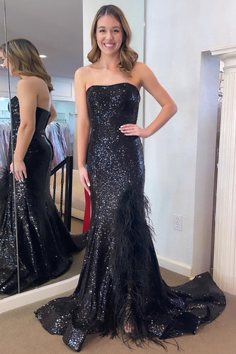 Sparkly Black Sheath Strapless Long Sequins Formal Dress with Feathers
