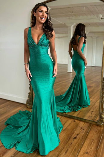 Sparkly Green Beaded Mermaid V-Neck Backless Long Formal Dress