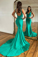 Load image into Gallery viewer, Sparkly Green Beaded Mermaid V-Neck Backless Long Formal Dress