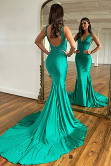 Sparkly Green Beaded Mermaid V-Neck Backless Long Formal Dress