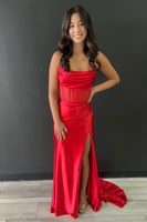 Load image into Gallery viewer, Red Sheath Corset Long Formal Dress with Slit