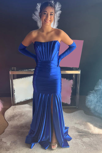 Royal Blue Corset Detachable Sleeves Mermaid Long Formal Dress with Slit