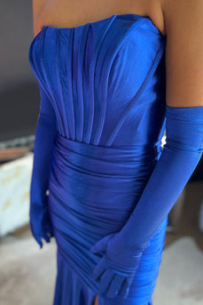 Royal Blue Corset Detachable Sleeves Mermaid Long Formal Dress with Slit