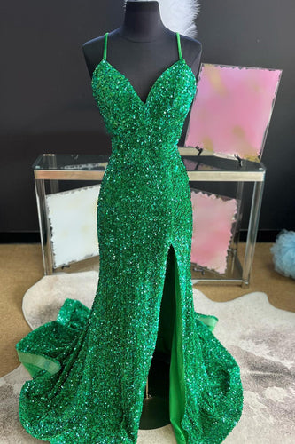 Sparkly Emerald Green Mermaid Long Sequins Formal Dress with Slit