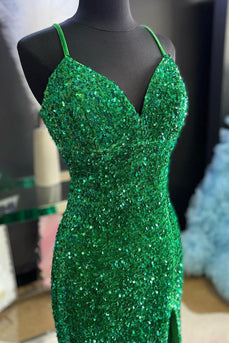 Sparkly Emerald Green Mermaid Long Sequins Formal Dress with Slit