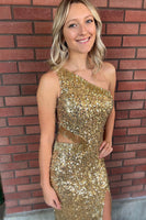 Load image into Gallery viewer, Sparkly Golden Sequins One Shoulder Long Formal Dress with Fringes