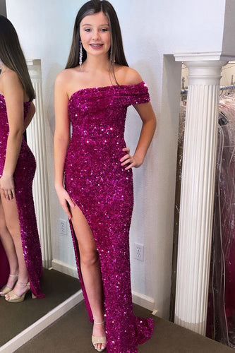 Fuchsia Sparkly One Shoulder Sheath Sequins Long Formal Dress with Slit