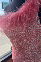 Load image into Gallery viewer, Sparkly Pink Sequins Long Formal Dress with Feathers