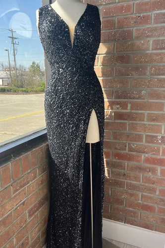 Sparkly Black Sequins Lace-Up Back Long Formal Dress with Slit