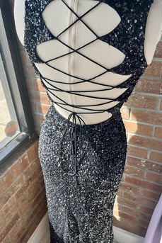 Sparkly Black Sequins Lace-Up Back Long Formal Dress with Slit