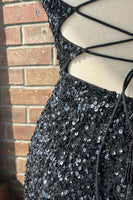 Load image into Gallery viewer, Sparkly Black Sequins Lace-Up Back Long Formal Dress with Slit