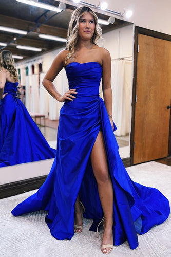 Royal Blue Sheath Strapless Long Formal Dress with Slit