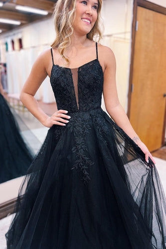 Glitter Black A-Line Long Tulle Formal Dress with Lace