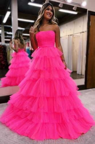 Hot Pink A-Line Tiered Tulle Long Formal Dress