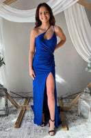 Load image into Gallery viewer, One Shoulder Lace-Up Back Royal Blue Long Formal Dress with Slit