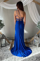 Load image into Gallery viewer, One Shoulder Lace-Up Back Royal Blue Long Formal Dress with Slit