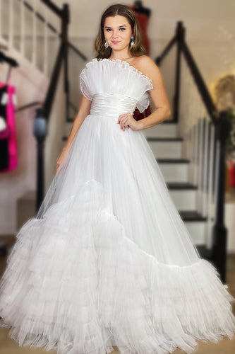 Tulle Strapless White Long Formal Dress